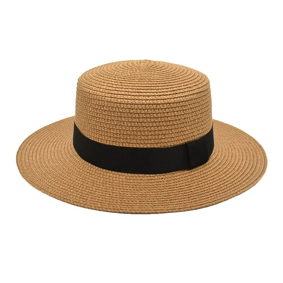 Baberdicy Flat Brim Straw Hat, Men's And Women's Square Buckle Dome Panama Hat, Lafite Flat Top Hat for Summer Travel Sunshade, Beach Big Brim Sun Hat with Chin Strap Brown