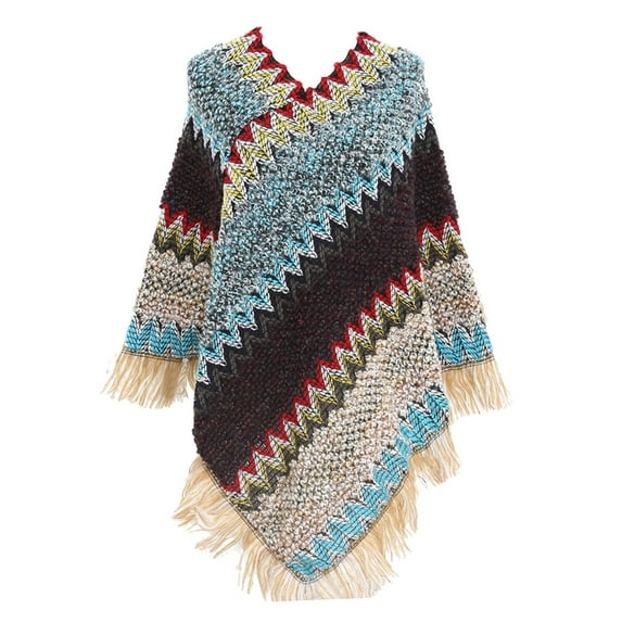 Clearance Baberdicy Scarf Women Nationl Print Colourful Splice Poncho with Tassels Knitted Shawl Scarf Fringed Wraps Pashminas Sweater Pullover Cape