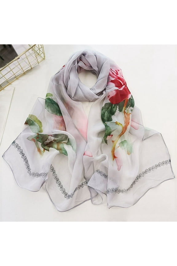 Floral Print Chiffon Scarf - Spring Sun Protection Shawl, Lightweight Versatile Wrap for Women, Grey One Size