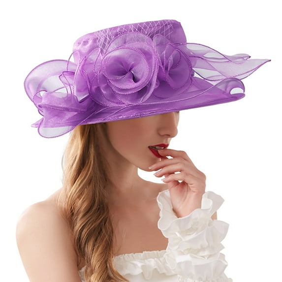 Clearance! Baberdicy Spring Summer Mesh Sunshade Hat Flower Temperament Wedding Dress Hat Sun Dome Large Brim Hat Fashion Hat for Woman Purple