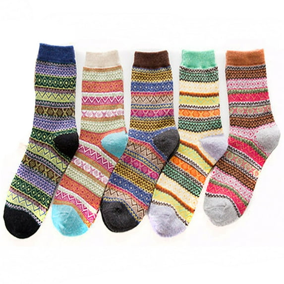Clearance! Baberdicy Vintage Crew Pack Winter Style Socks Thick of Wool 5 Womens Warm Socks Multicolor