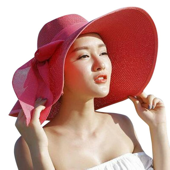 Clearance! Baberdicy Women Big Brim Straw Hat Sun Floppy Wide Brim Hats New Bowknot Folding Beach Cap Watermelon Red