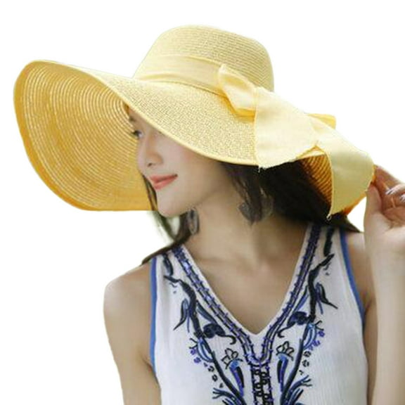 Clearance! Baberdicy Women Big Brim Straw Hat Sun Floppy Wide Brim Hats New Bowknot Folding Beach Cap Yellow
