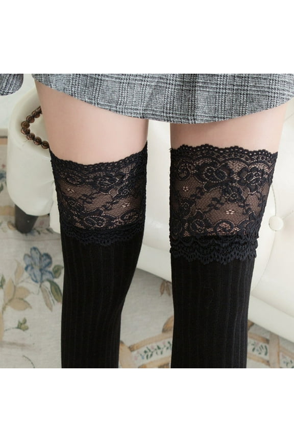 Clearance! Baberdicy Women Lace Trim Thigh High Over The Knee Socks Long Cotton Warm Stockings Black