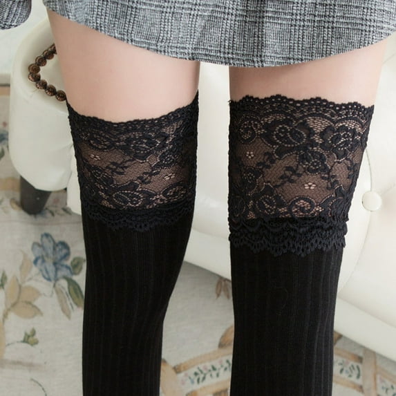 Clearance! Baberdicy Women Lace Trim Thigh High Over The Knee Socks Long Cotton Warm Stockings Black