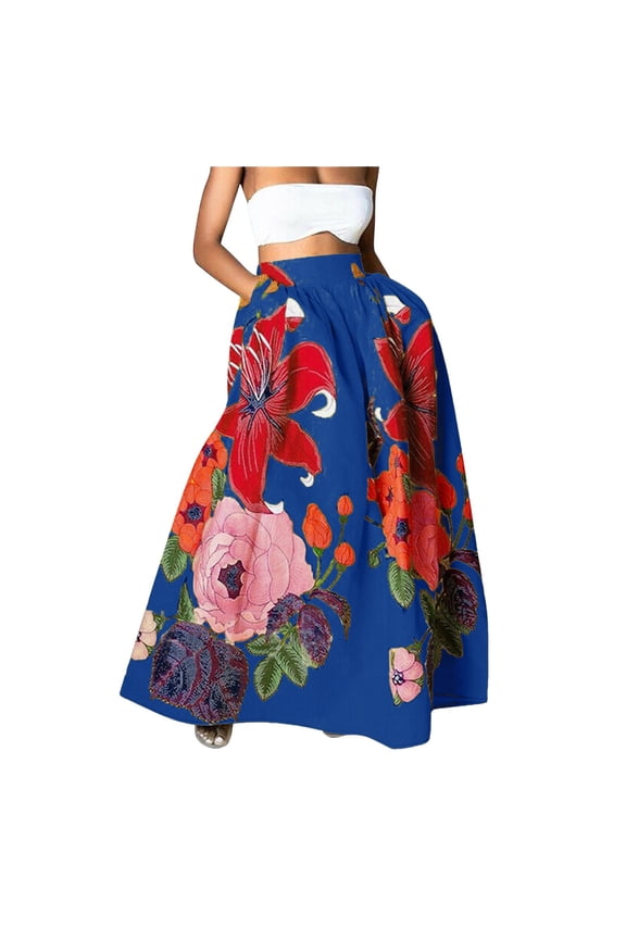 Clearance! Baberdicy Womens High Waist Floral Print Skirts Beach Midi Long Skirt with Pockets, Blue