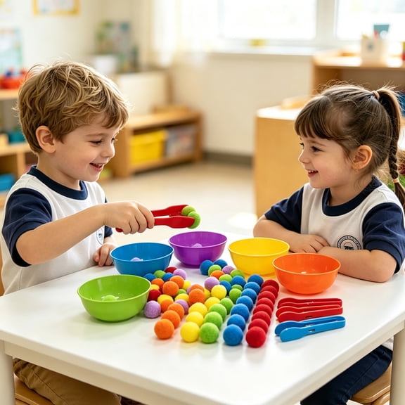 Clearance! Baby Educational Toys Color Sorting - with Tweezers and Pom Poms, Montessori Fine Motor Activity, Toddler Learning Game for Hand-Eye Coordination