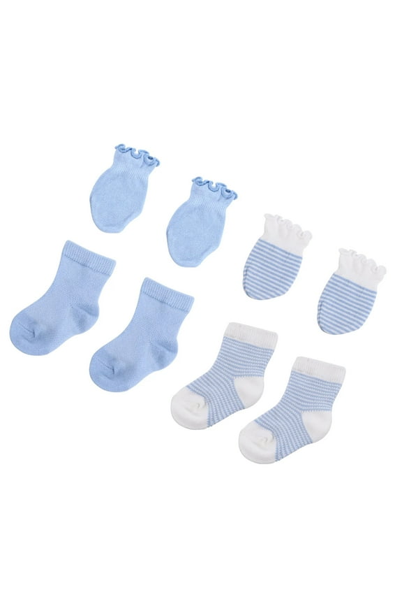 2Pcs Unisex Baby Newborn And Baby Socks Set, 2Pcs No Scratch Mittens And Caps 100% Cotton for Newborn Baby 0-6 Months Boys Girls Blue A
