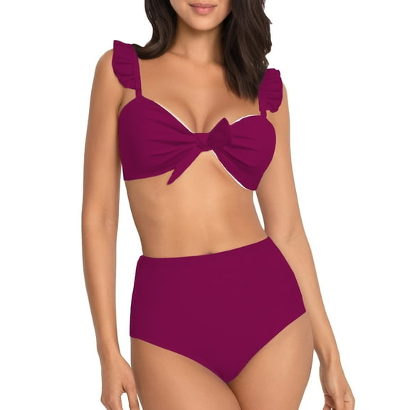Baqcunre High-Waisted Knot-Tie Bikini Set for Women: Elegant Two-Piece Swimwear, 1 Pc Swimsuit Wine M