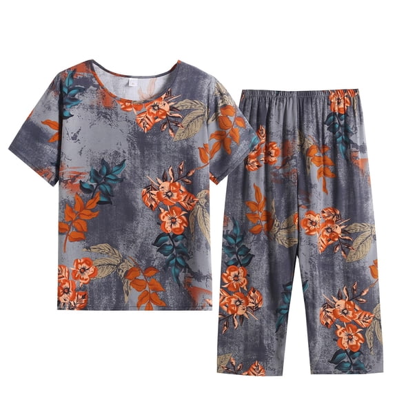 Baqcunre Two Piece Set for Women Floral Short Sleeve Crew Neck Tops And Wide Leg Pants Cozy Linen Set Summer 2 Piece Outfits Gray XL
