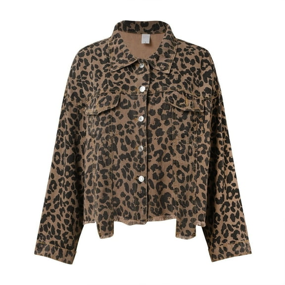 Baqcunre Women's Clothing, Denim Jacket for Women Leopard Print Retro Shape Button-Up Front Bomber Jacket Valentines Day Gifts, 1Pc Jacket Brown L