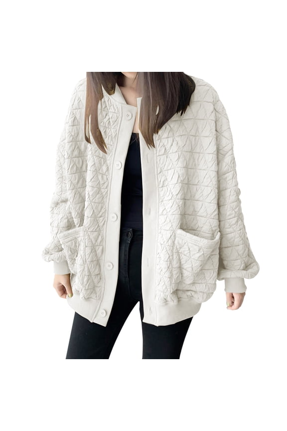 Women's Clothing, Quilted Jacket Winter Outwear Cardigan Jackets for Women Button Down Long Sleeve Winter Padded Coat Puffer Jacket Valentines Day Gifts, 1Pc Top White 3XL