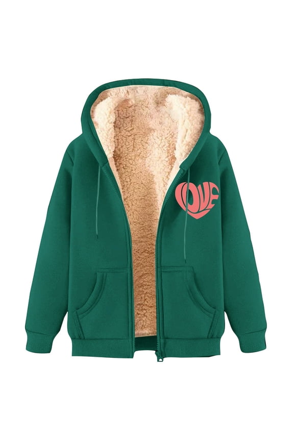 Women's Clothing, Women's Lamb Wool Coat Winter Thick Warm Solid Color Crew Neck Hooded Plus Size Coat Valentines Day Gifts, 1Pc Jacket Green 2XL