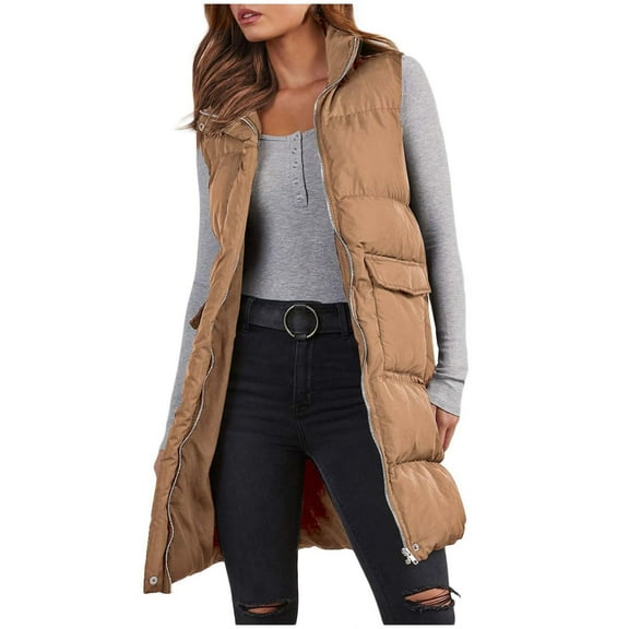 Baqcunre Women's Clothing, Women's Long Puffer Vest Winter Quilted Hooded Sleeveless Zip Up Long Jacket Vest Gilet Valentines Day Gifts, 1Pc Jacket Khaki L