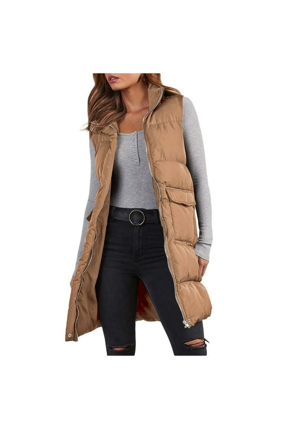 Women's Clothing, Women's Long Puffer Vest Winter Quilted Hooded Sleeveless Zip Up Long Jacket Vest Gilet Valentines Day Gifts, 1Pc Jacket Khaki M