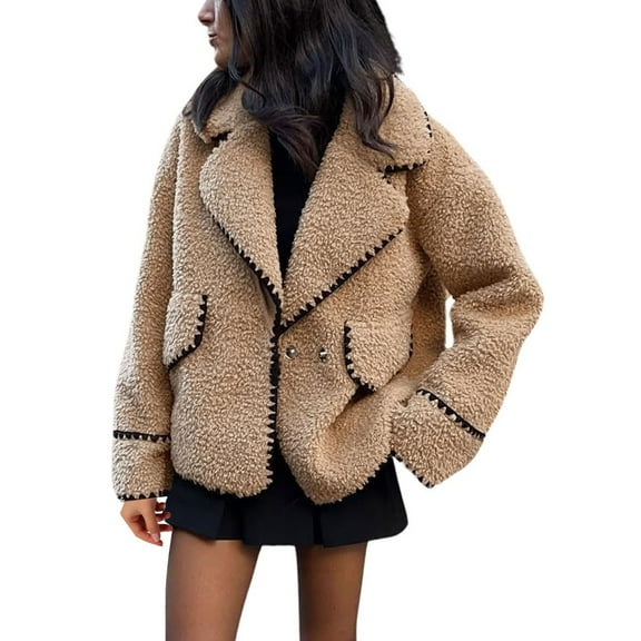Baqcunre Women's Clothing, Women's Winter Casual Embroidered Jacket Notch Lapel Fuzzy Faux Fleece Jacket Coat Valentines Day Gifts, 1Pc Jacket Khaki L