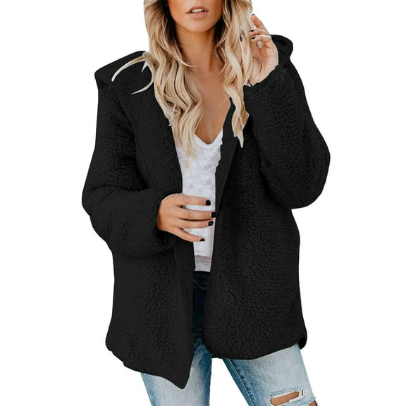 Baqcunre Women's Clothing, Womens Fuzzy Fleece Jacket Open Front Hooded Cardigan Sherpa Outerwear Warm Coats with Pockets Valentines Day Gifts, 1Pc Jacket Black L