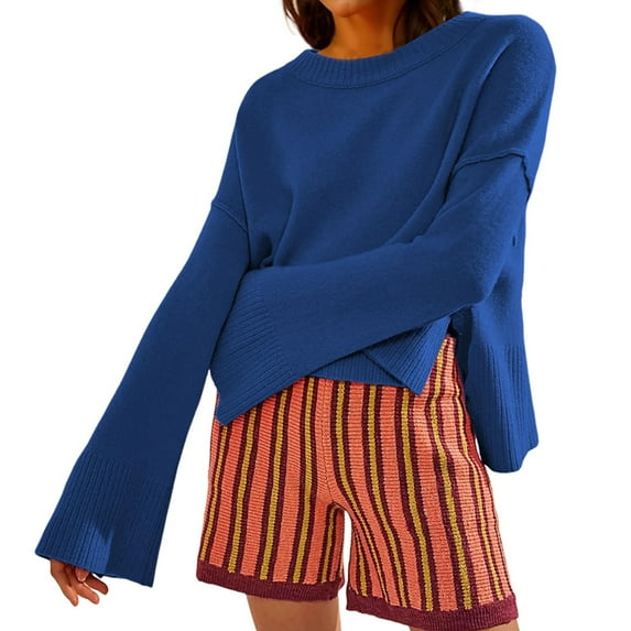 Baqcunre Women's Clothing, Womens Lightweight Sweaters Crewneck Bell-Style Sleeve Knit Tops Slouchy Soft Pullover Jumpers Valentines Day Gifts, 1Pc Sweater Blue S