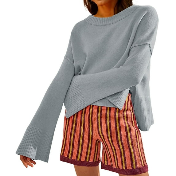 Baqcunre Women's Clothing, Womens Lightweight Sweaters Crewneck Bell-Style Sleeve Knit Tops Slouchy Soft Pullover Jumpers Valentines Day Gifts, 1Pc Sweater Gray S