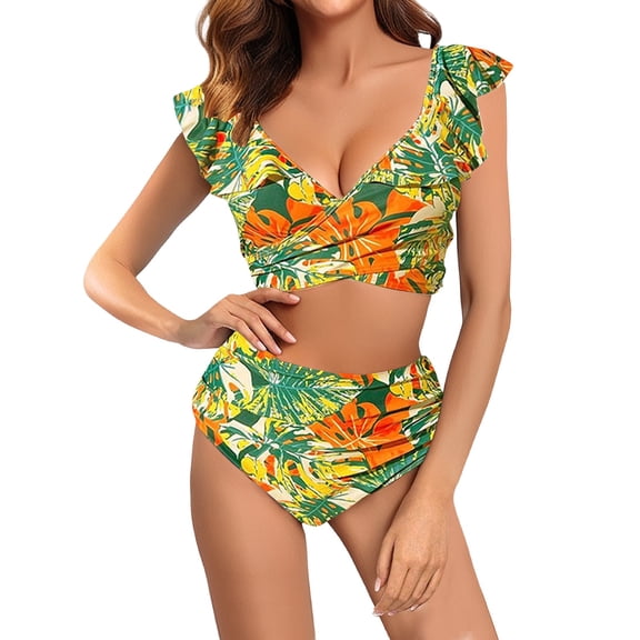 Baqcunre Women's Ruffle Backless Leaf Print Separate Swimsuit, 1 Set Of Swimwear Yellow S