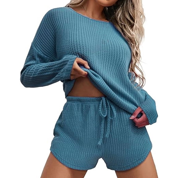 Baqcunre Womens Knit Pajama Sets Long Sleeve Top   Shorts Matching Set Loungewear Sweatsuit with Pockets, 1Pc Top   1Pc Trousers Blue L