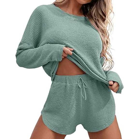 Baqcunre Womens Knit Pajama Sets Long Sleeve Top   Shorts Matching Set Loungewear Sweatsuit with Pockets, 1Pc Top   1Pc Trousers Green 2XL