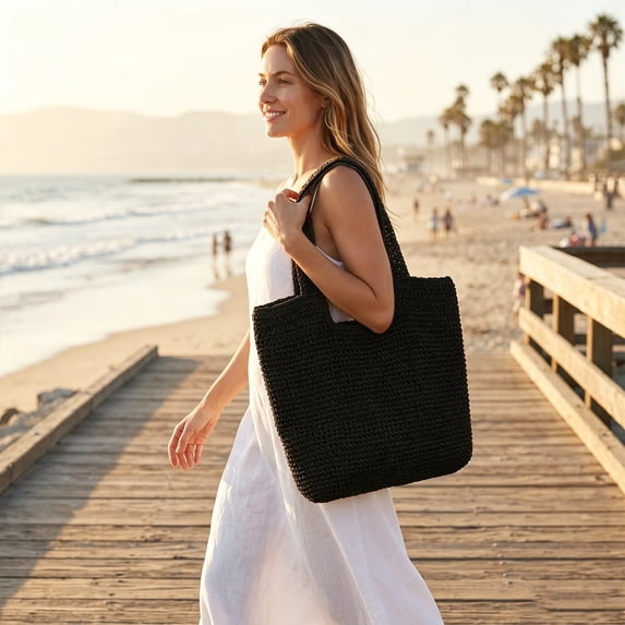 Clearance Beach Bags for Women Under $15,Straw Handmade Woven Tote Bag, Summer Mesh Hollow Shoulder Bag for Holiday