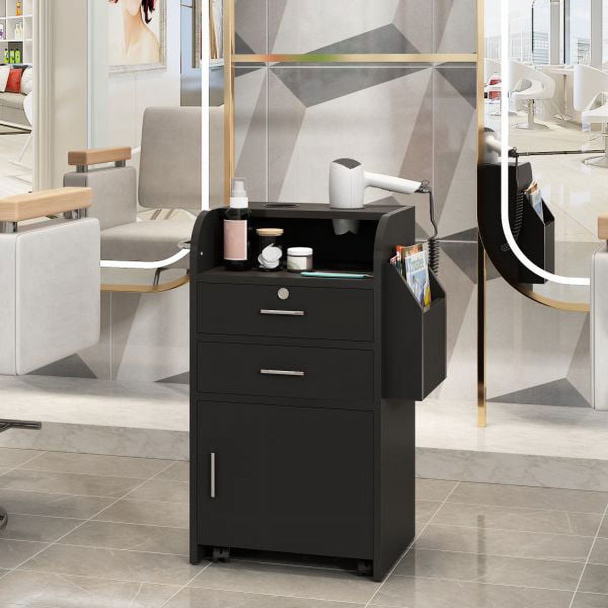 Clearance! Beauty Salon Storage Cabinet, Mobile Styling Station with 2 Hair Dryer Holders, Hairdressing Trolley, Salon Rolling Cart, Stylist Equipment, Black
