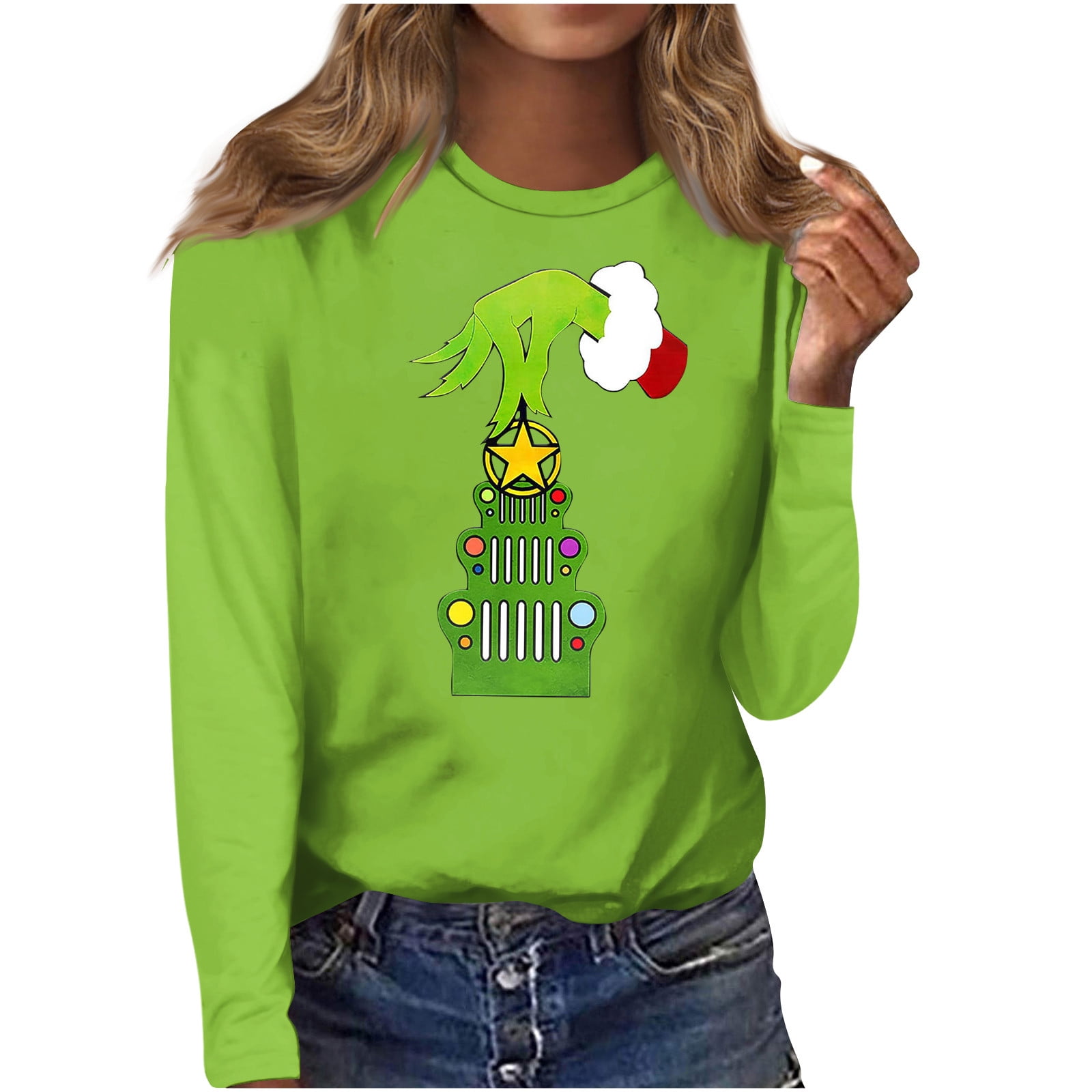 Clearance Before Christmas Grinch T-Shirt Women's Round Neck Long ...