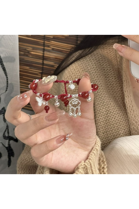 Clearance!Bell Red Rope Peace Lock Bracelet,Lucky Bell Bracelet for Women Handmade Rope Handchain Braided Rope Bell Bracelets FU Characters Pendant Wristband, 26cm