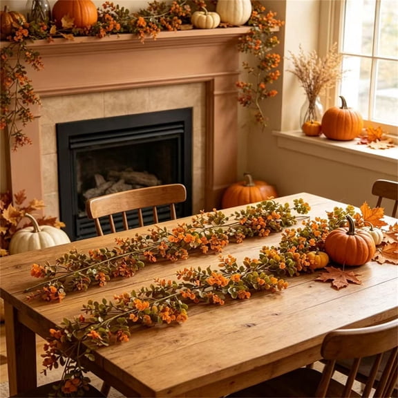 Clearance Bendable Wire Fall Artificial Maple Leaf Berry Garland, Fade Resistant Rustic Autumn Vine Greenery for Fireplace Mantel Stair Railing Table Runner Thanksgiving Wedding Home Decor