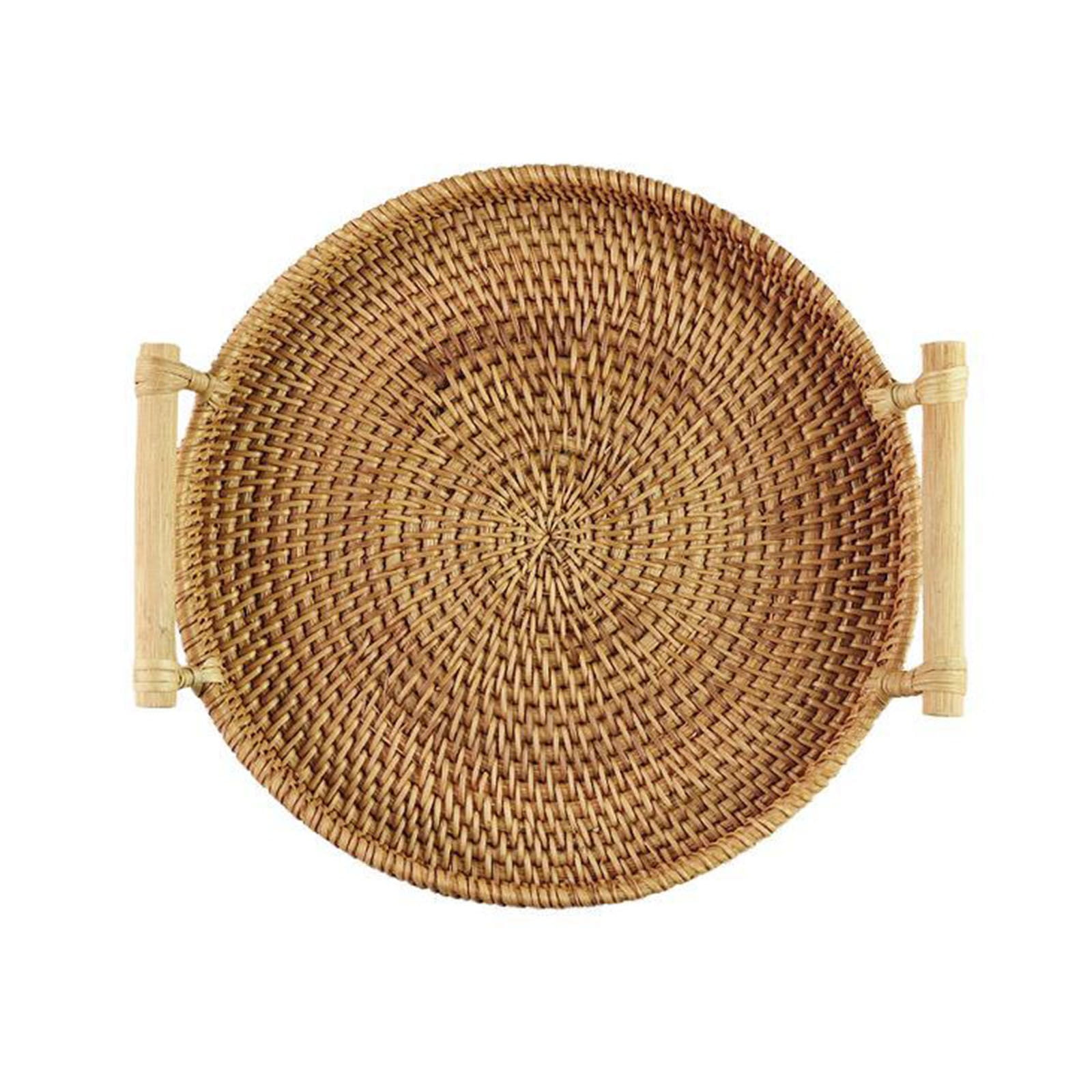 Clearance! Binkne Fruit Basket; Food Storage; Rattan Round Serving Tray Hand Woven Rattan Tray Serving Tray with Handles Wicker Tray Basket Tray for Bread Fruit Food Coffee Breakfast Display