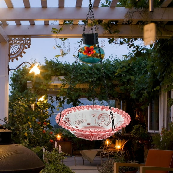 Clearance! Bird Bath for Outside, Hanging Bird Feeders with Solar Lights, Birds Water Bowl for Outdoors Garden Yard Decor Red