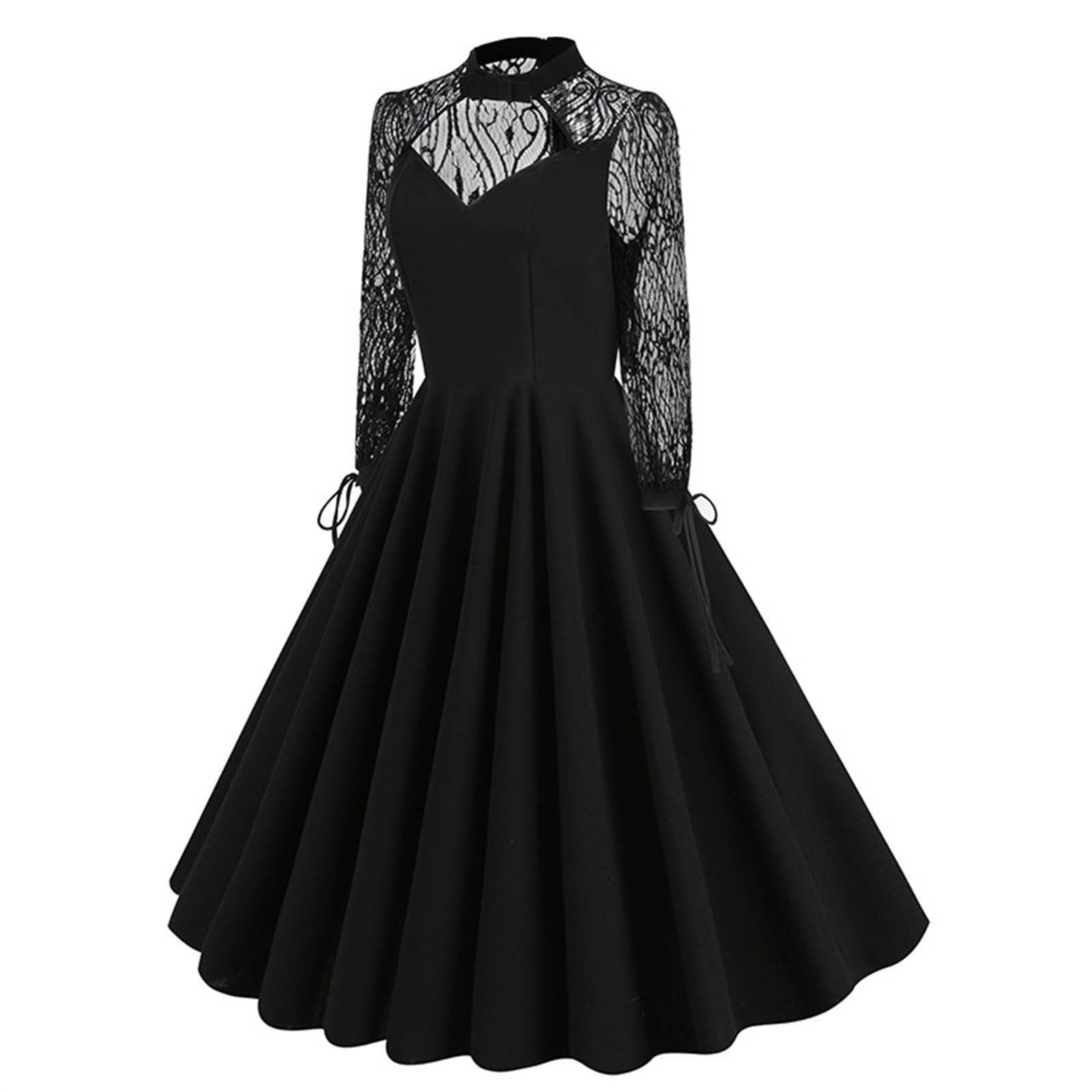 JSKUMAR Black Dress Women Lace Mesh Hollow Out Long Sleeve Halter Sweetheart Neck A-Line Gothic Dresses Vintage Festival Outfits Y2K, Women's, Size: