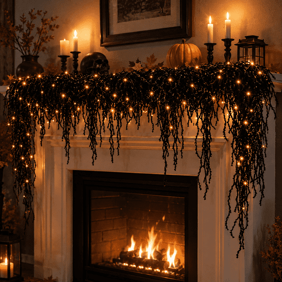 Clearance Black Halloween Rope Garland, 71 Inch Fringe Rattan Style Garland with Warm Lights, Gothic Hanging Decor for Mantel Door Window Party