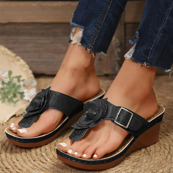 Clearance Black Sandals, Xunlbb Women's Fashion Casual Spring New Style Clip-Toe Flower Thick-Soled Wedge Slippers(Black,Size:43)