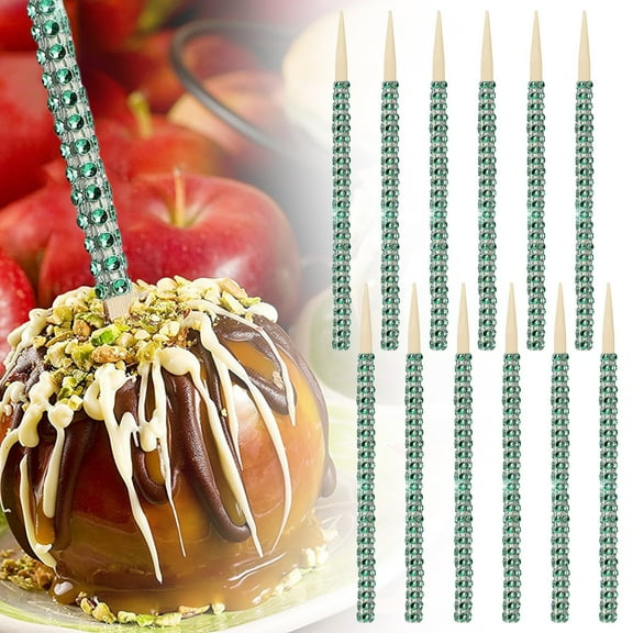 Clearance Bling Candy Apple Bamboo Sticks,6"Rhinestone Diamond Caramel Apple Wooden Pointed Skewers for Fruit Treats,12PCS/Set (Green)
