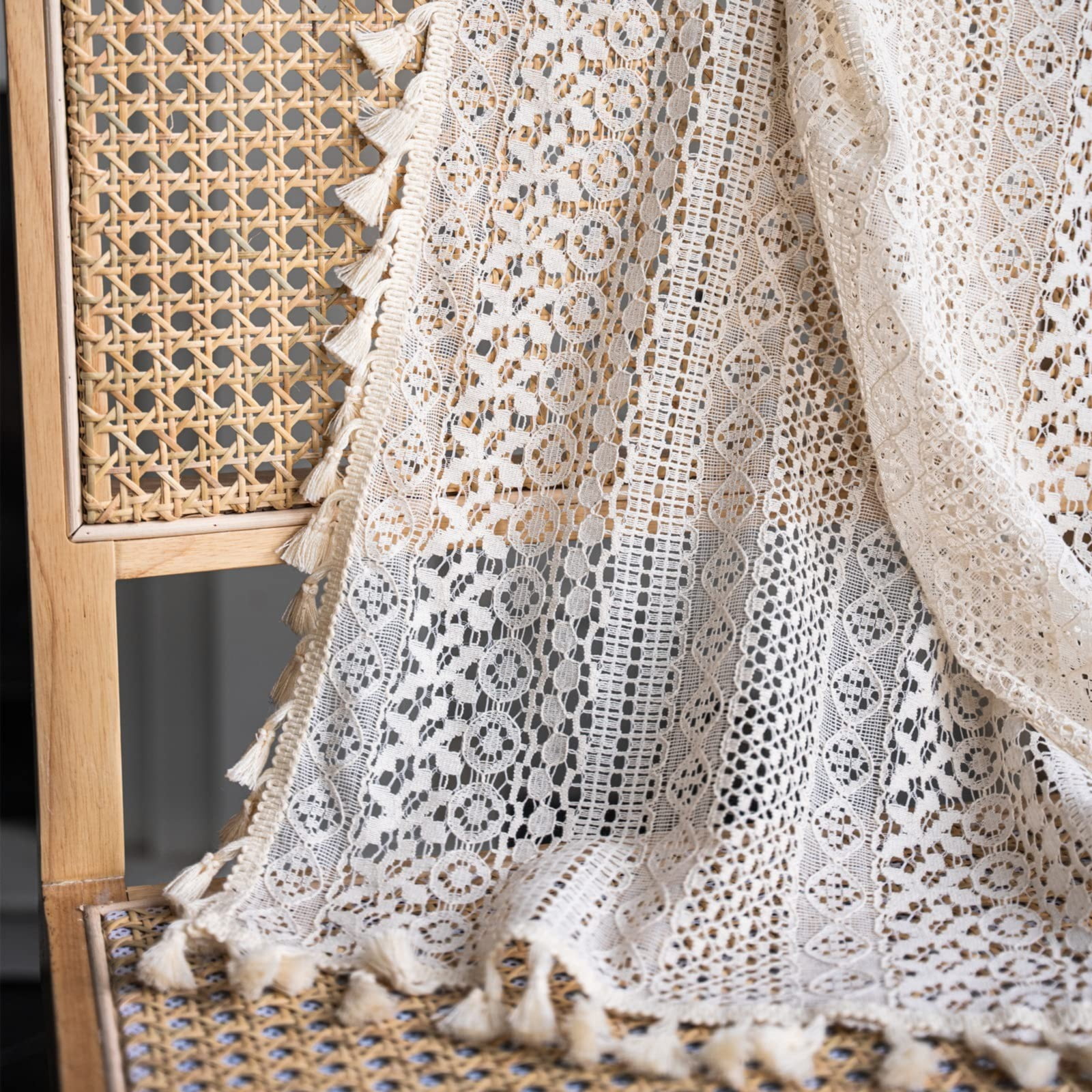 Clearance!Boho Curtains Crochet Lace Semi-Sheer Bohemian Hollow Knitted Handmade Tassels, Rod Pocket Window Treatment Vintage Rustic Farmhouse Drapes for Living Bedroom, 1 Panel 59" W x 62" L, Beige - Walmart.com