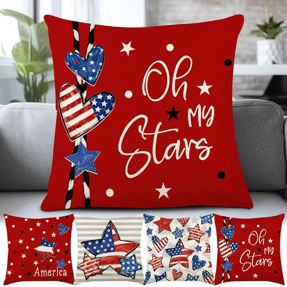 Clearance! Boovnll 4th of July Pillow Covers 18x18, Red White Blue Stars Stripe Throw Pillow Covers - Patriotic Pillow Covers for Memorial Day Home Sofa Couch Decor, 4th of July Decorations