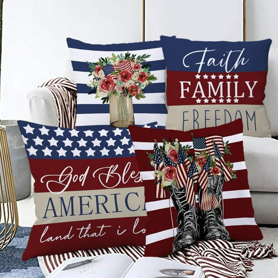 Clearance! Boovnll 4th of July Pillow Covers 18x18 Set of 4 - Red White Blue Stars Stripe Throw Pillow Covers, Patriotic Pillow Covers for Memorial Day Home Sofa Couch Decor, 4th of July Decorations