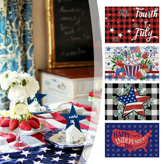 Clearance! Boovnll 4th of July Placemats, 12x18" Red Blue Stars Linen Placemats, Heat-Proof Place Mats for Memorial Day Patriotic Party Kitchen Dining Table Decor, 4th of July Decorations