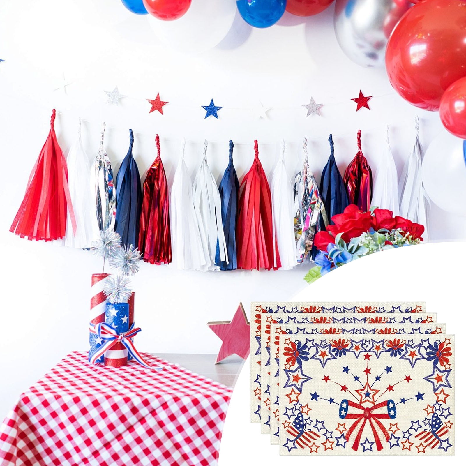 Clearance! Boovnll 4th of July Placemats, 12x18" Red Blue Stars Linen