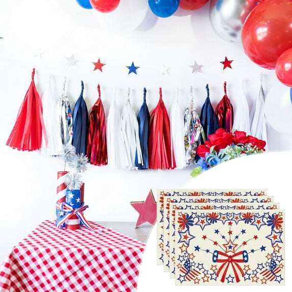 Clearance! Boovnll 4th of July Placemats, 12x18" Red Blue Stars Linen Placemats, Heat-Proof Place Mats for Memorial Day Patriotic Party Kitchen Dining Table Decor, 4th of July Decorations