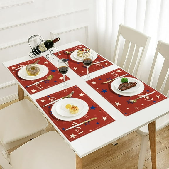 Clearance! Boovnll 4th of July Placemats Set of 4, 12x16" Red Blue Stars Linen Placemats, Heat-Proof Place Mats for Memorial Day Patriotic Party Kitchen Dining Table Decor, 4th of July Decorations