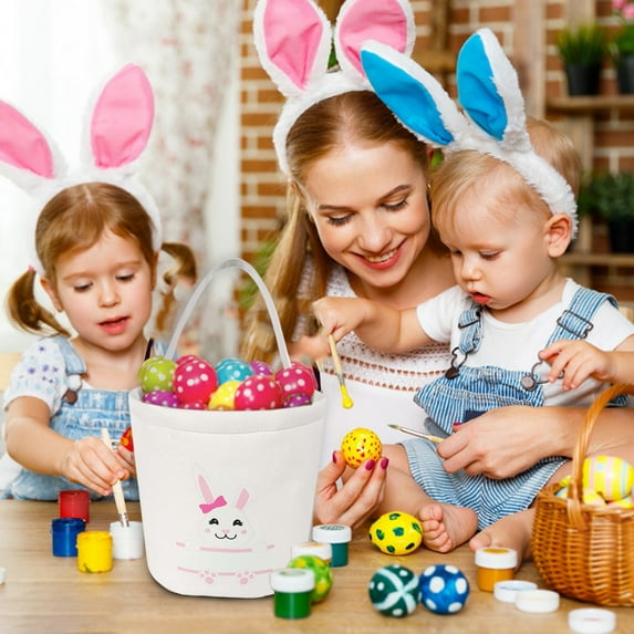 Clearance Boovnll Easter Basket, Large Capacity Cute Easter Bunny Canvas Basket Easter Baskets for Kids Easter Eggs Hunting,Gifts Baskets for Boys Girls, Easter Decorations