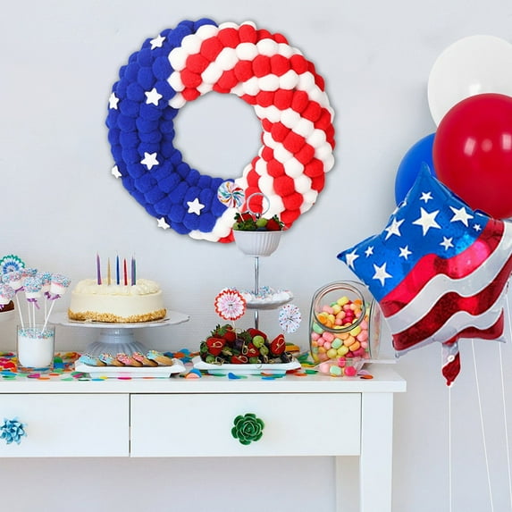 Clearance! Boovnll Patriotic Wreath, 14" Handcrafted Red White Blue Plush Balls Memorial Day Wreath, 4th of July Wreath for Indoor, Outdoor, Front Door, Fireplace, Wall Decor, 4th of July Decorations