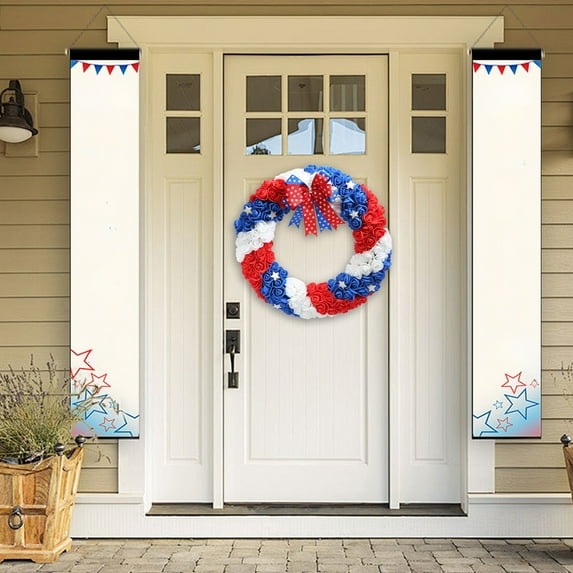 Clearance! Boovnll Patriotic Wreath, 14" Handcrafted Red White Blue Plush Balls Memorial Day Wreath, 4th of July Wreath for Indoor, Outdoor, Front Door, Fireplace, Wall Decor, 4th of July Decorations