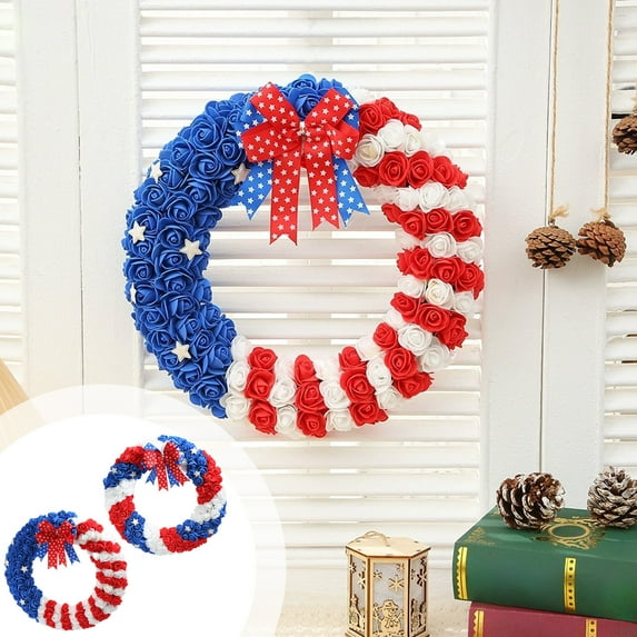 Clearance! Boovnll Patriotic Wreath, 14" Handcrafted Red White Blue Plush Balls Memorial Day Wreath, 4th of July Wreath for Indoor, Outdoor, Front Door, Fireplace, Wall Decor, 4th of July Decorations