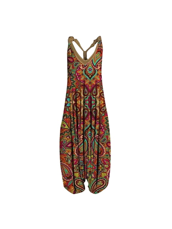 Clearance! Ohufall Jumpsuits for Women, Casual Vintage Print Backless V-Neck Sleeveless Playsuit Jumpsuit Overalls Women, Rompers for Women, Onesie for Women Clearance