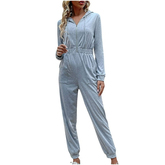 Clearance! Ohufall Jumpsuits for Women, Fashion Casual Pocket Solid Jumpsuits Hooded Zipper Long Sleeve Leg Pant Overalls Women, Rompers for Women, Onesie for Women Clearance